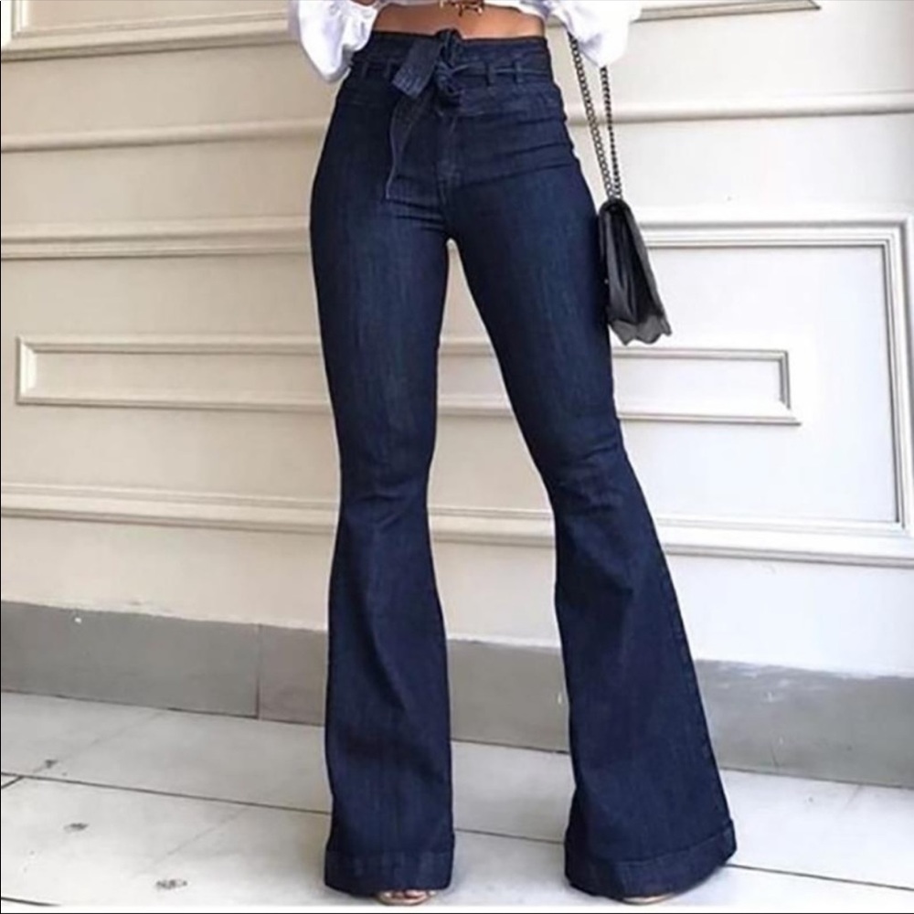 Dark rinse bell bottom jeans